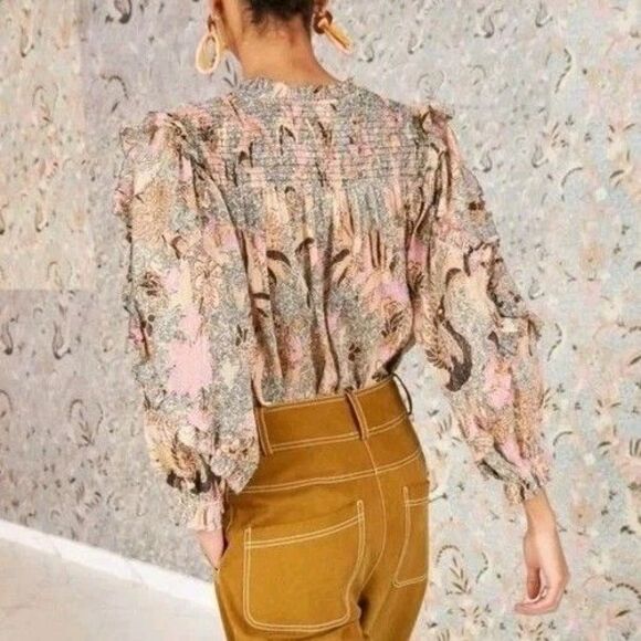 Ulla Johnson Silk Lara Birds of Paradise Ivory Pink Long Sleeve Blouse Size 2 - Picture 2 of 13
